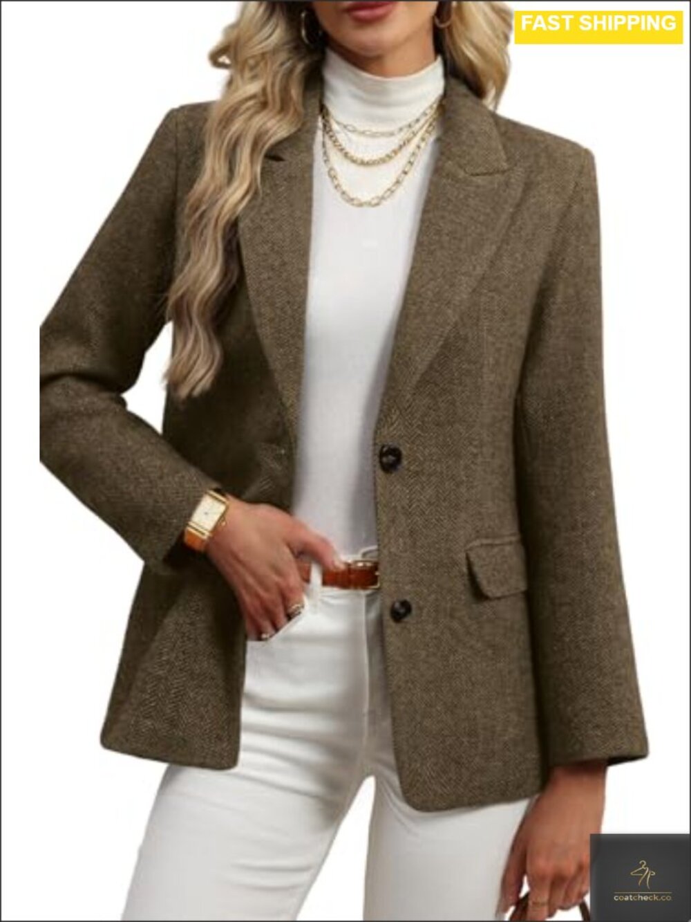 Wool Blend Tweed Herringbone Blazer Long Sleeve Business Casual